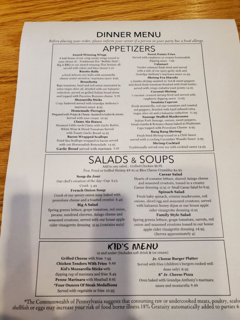 The Big A Grillehouse Menu 1